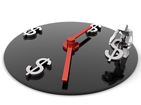 Time is money concept worker placing dollar symbol represents time 3d illustration