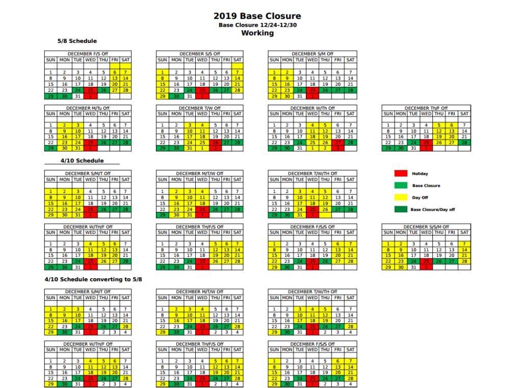 Base Closure – 2019 both “Working” and “Not Working” Calendars ...