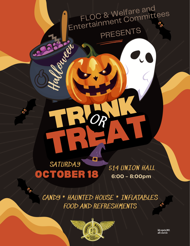 Trunk or Treat 2025. October 18 at the Union Hall 6 - 8 pm